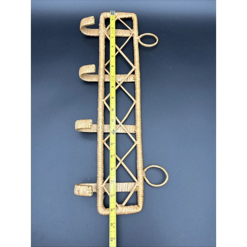 VTG 70s Rattan Wicker Wall Coat Rack 4 Hooks Diamond Lattice Jiangsu China Boho
